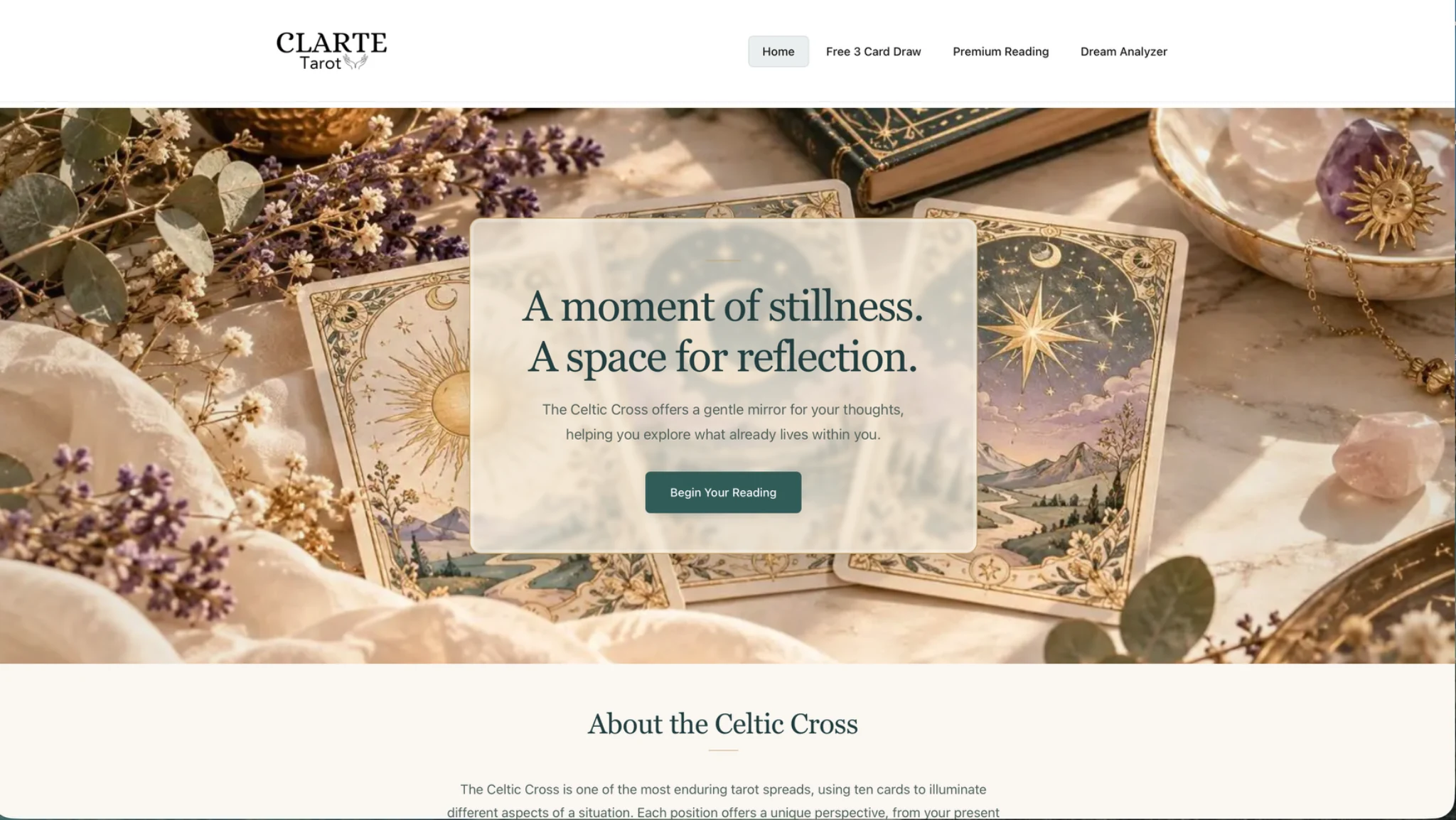 Clarté Tarot desktop homepage screenshot
