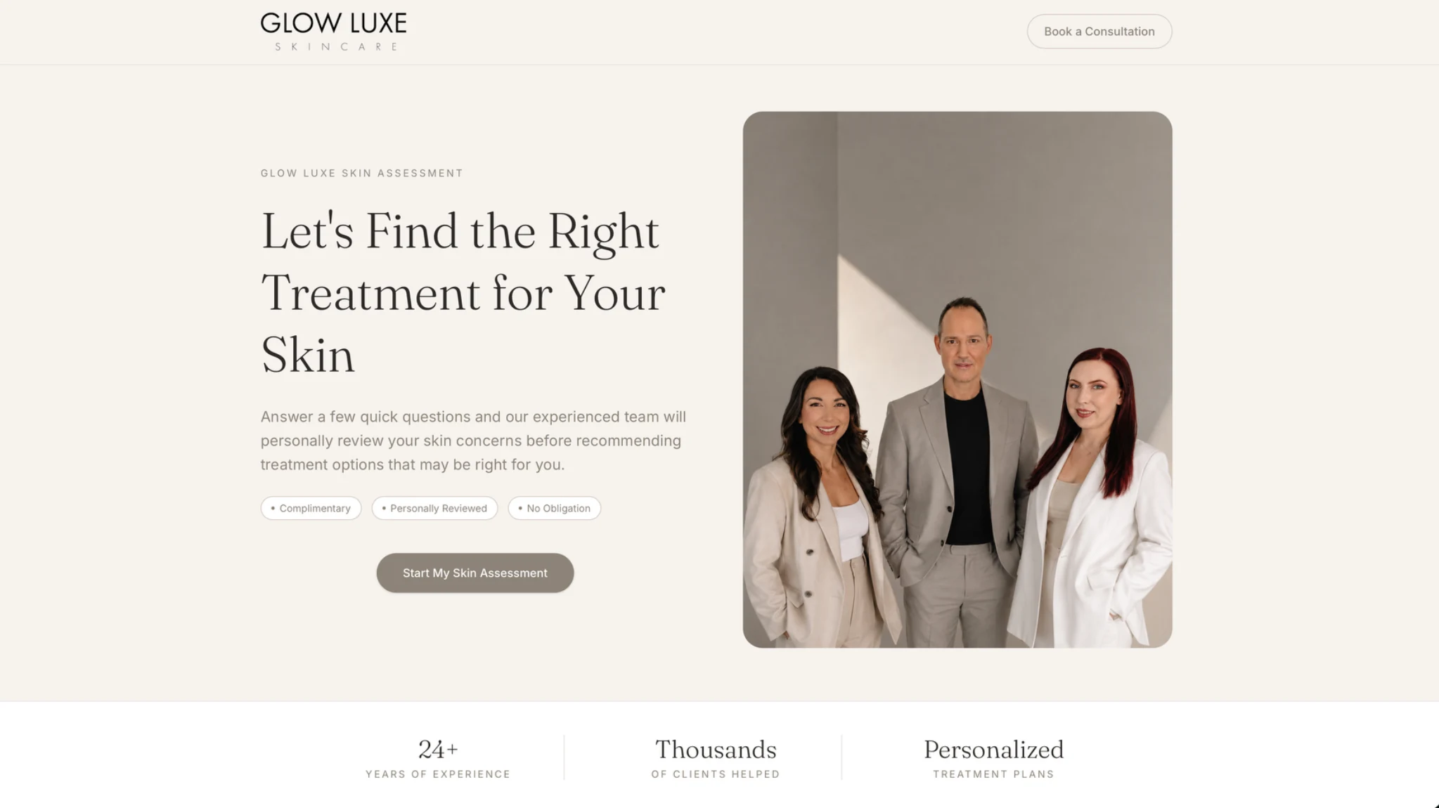 Glow Luxe Skin Assessment desktop homepage screenshot