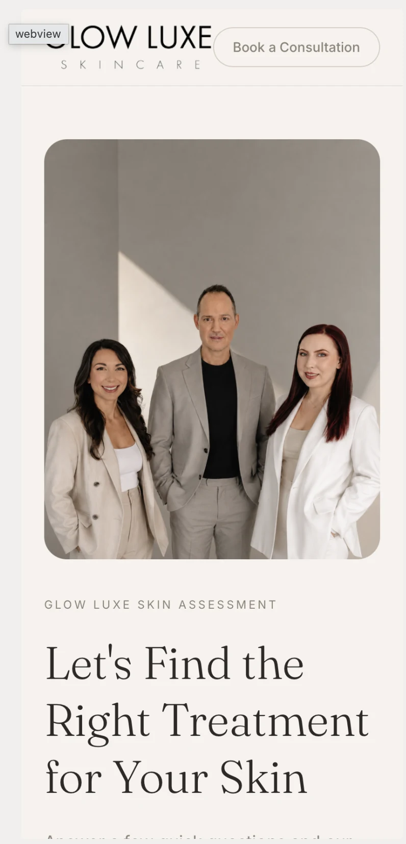 Glow Luxe Skin Assessment mobile website screenshot